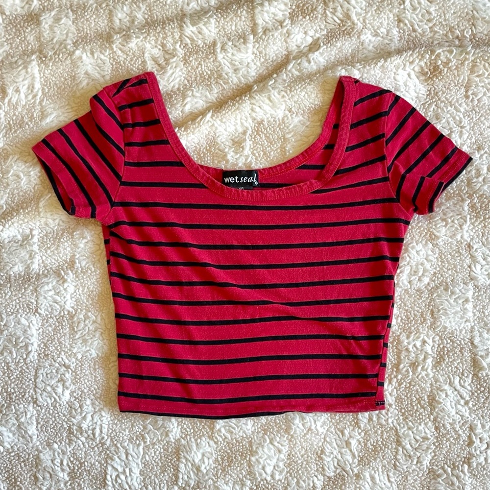 Wet Seal Red + Black Stripped Vintage Crop Top Size XS